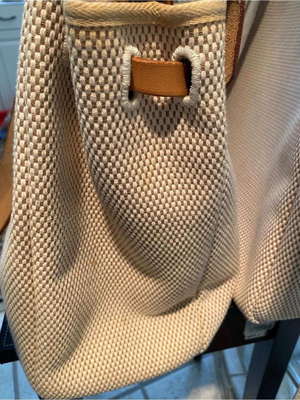 HERMÉS 30PM Cowhide/Canvas HERBAG w/ Silver Lock/Key, Shoulder Strap & Full Set